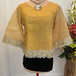 Filipiniana Kimona Bolero Blouse Elegant Gold Women's Top with Lace Trim